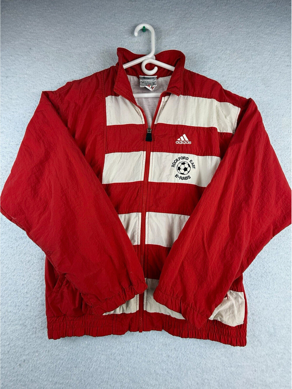 adidas Men's M Track Jacket Red/White Striped Full Zip Soccer StandUp VTG